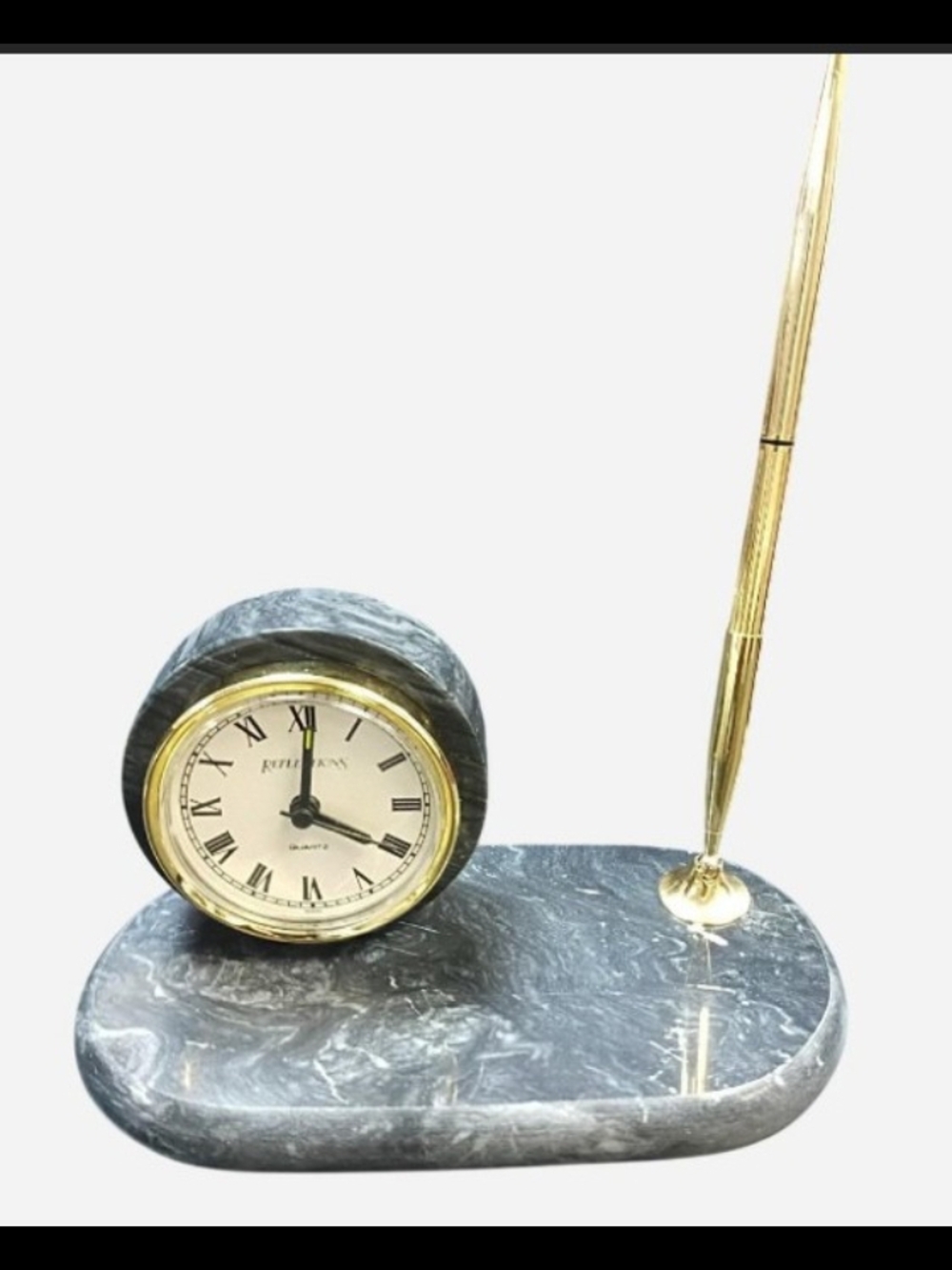 Desk Marble Clock & Pen‎ Set in Green with Gold Accents